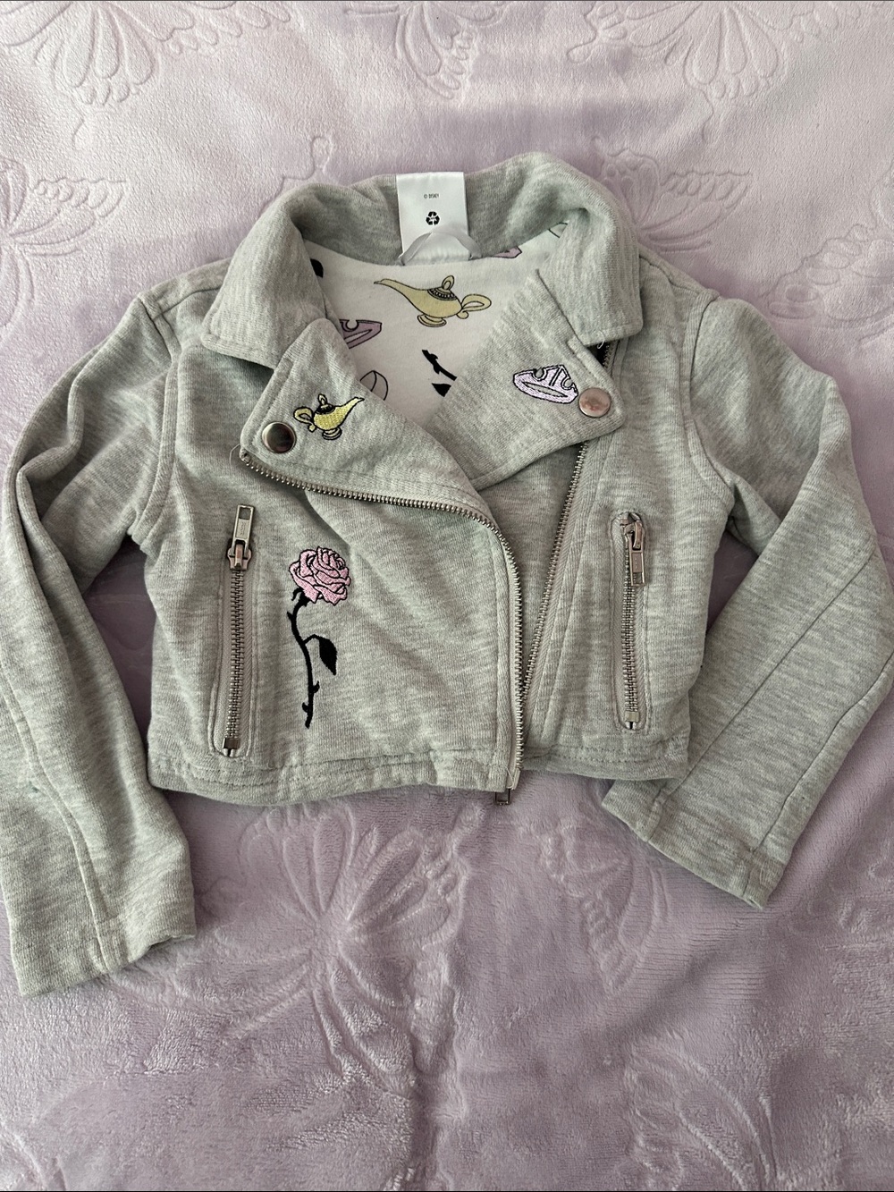 Disney Girls' Light Gray Embroidered Moto Jacket